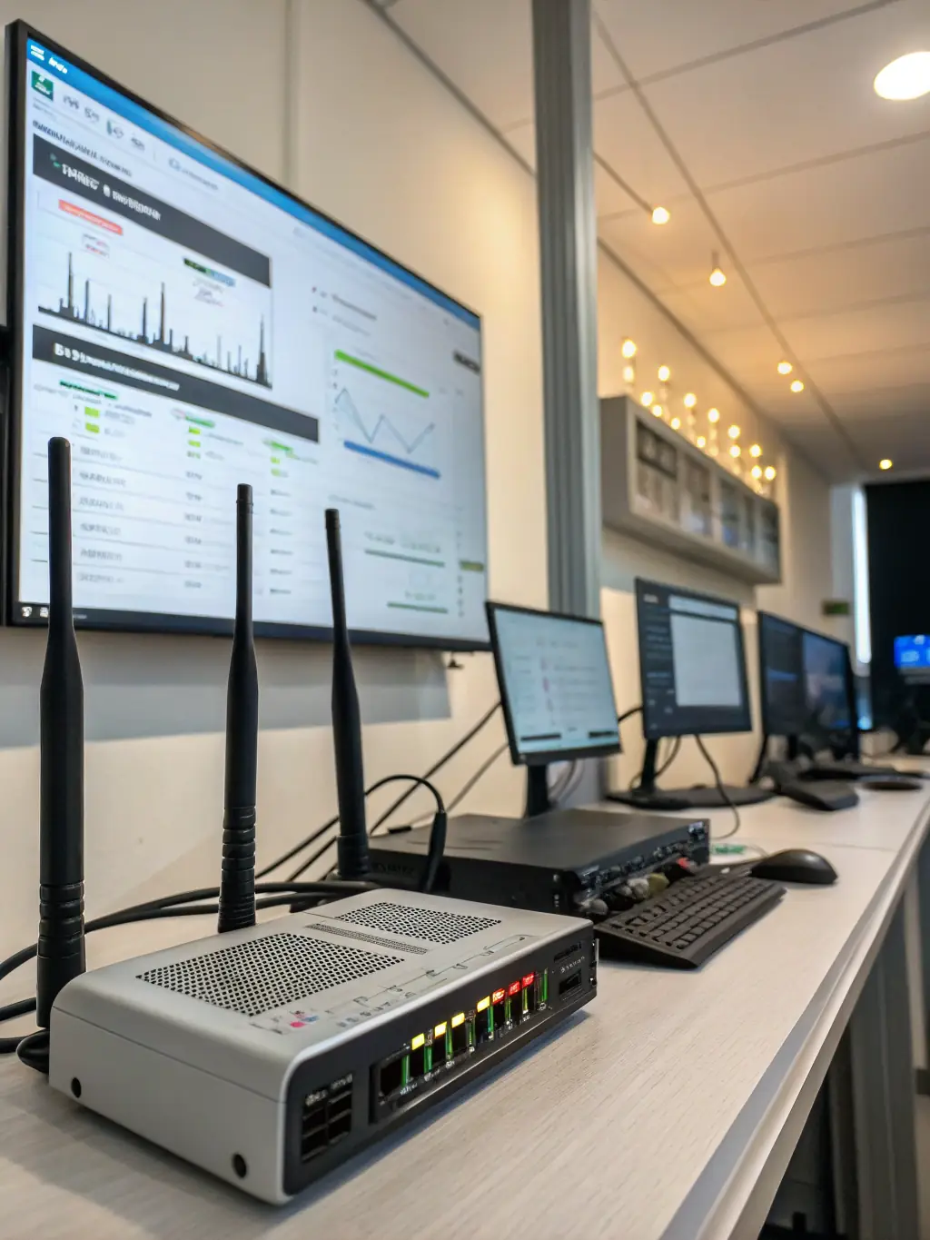 A professional-grade network router and access points installed in a business environment, emphasizing the importance of reliable networking.