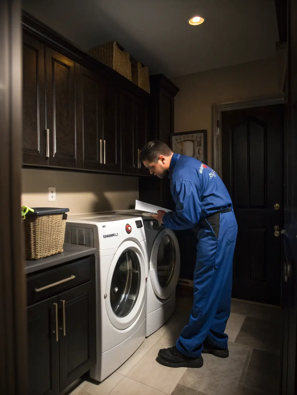 A modern washing machine being professionally installed in a home laundry room, with a technician connecting the water hoses and leveling the appliance.