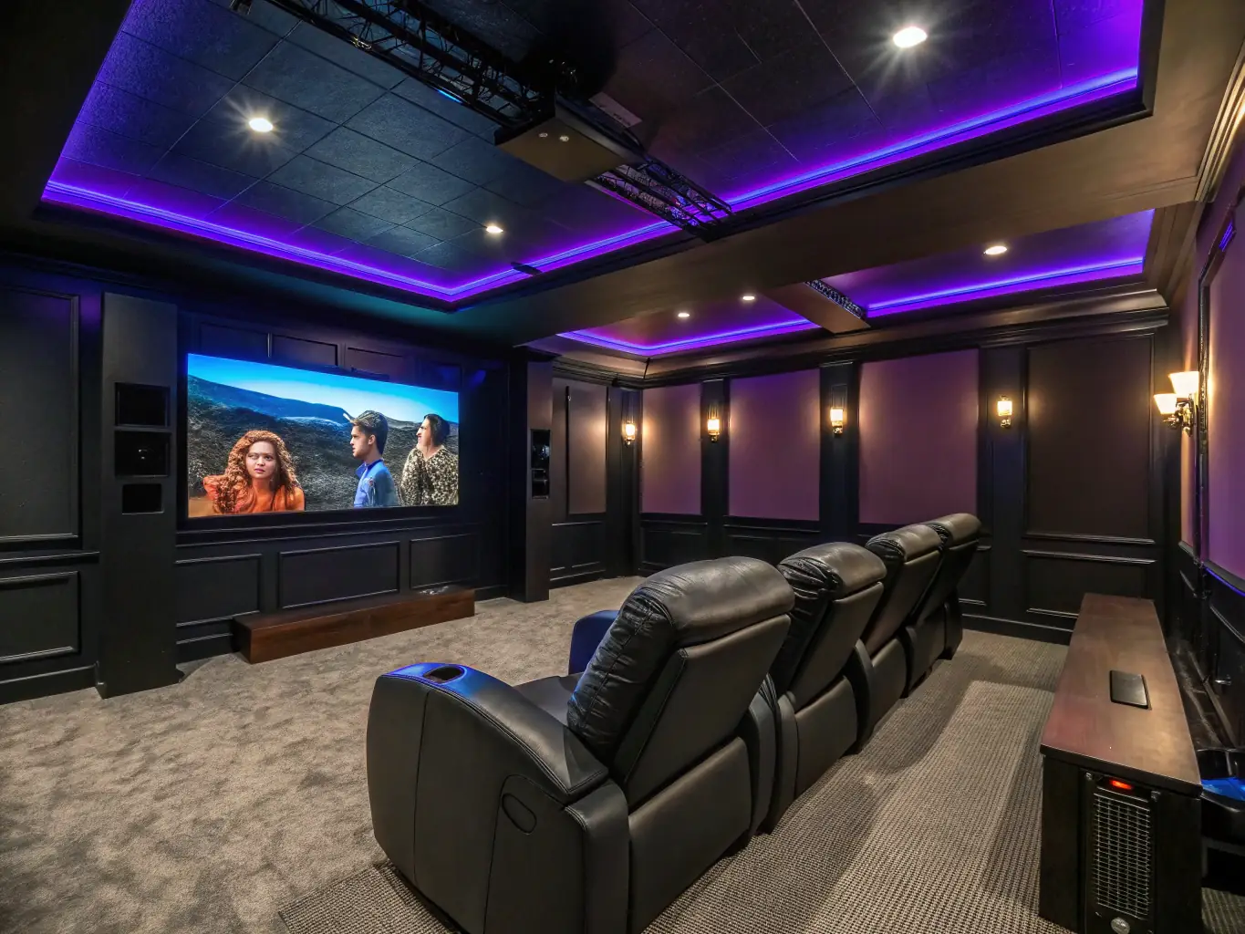 A state-of-the-art audiovisual system in a home theater, featuring high-quality speakers and a large display screen.