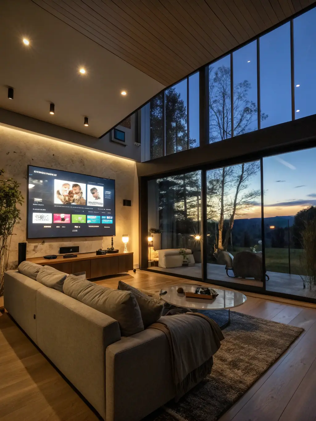 A modern smart home setup with integrated lighting, security cameras, and a central control panel, showcasing the convenience of home automation.