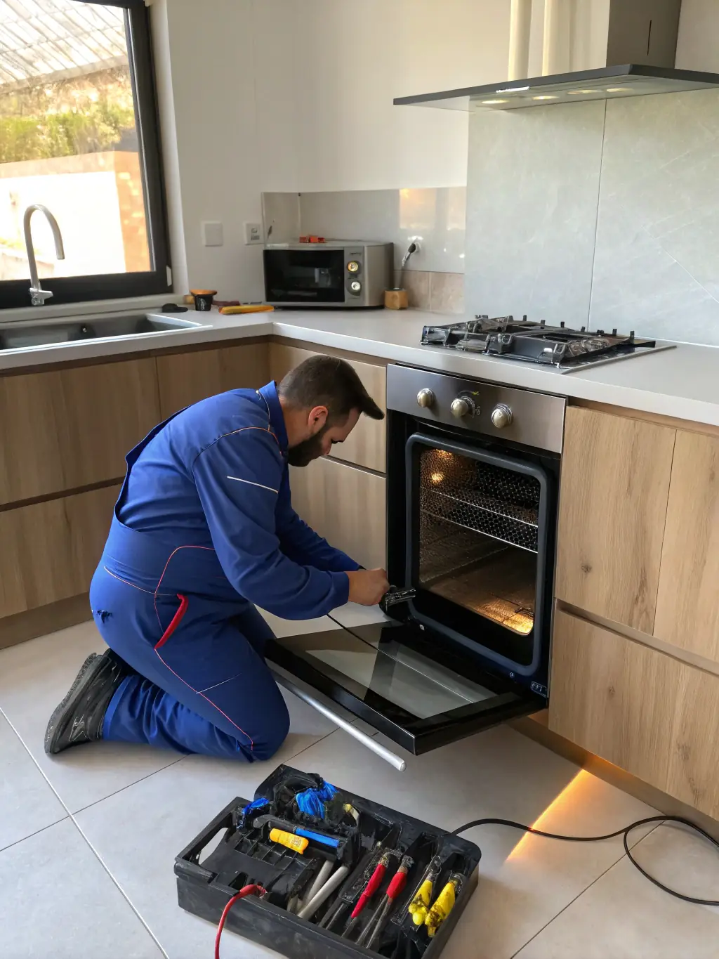 A technician installing a smart microwave oven in a modern kitchen, connecting it to the electrical outlet and testing its functions.