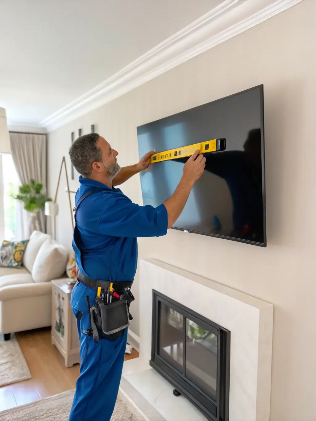 A wall-mounted television being securely installed in a living room, with a technician neatly concealing the cables and wires.