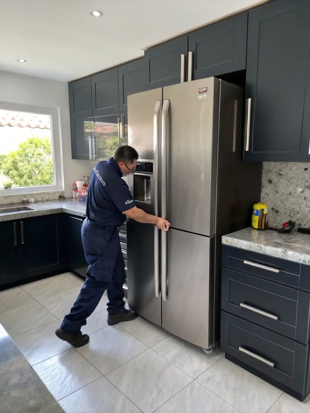 A new stainless steel refrigerator being carefully moved into a kitchen by two uniformed technicians, with protective padding to prevent scratches.