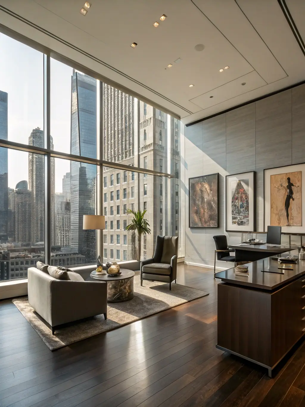 A sleek, modern office space equipped with automated lighting, climate control, and security systems, demonstrating the benefits of business automation.