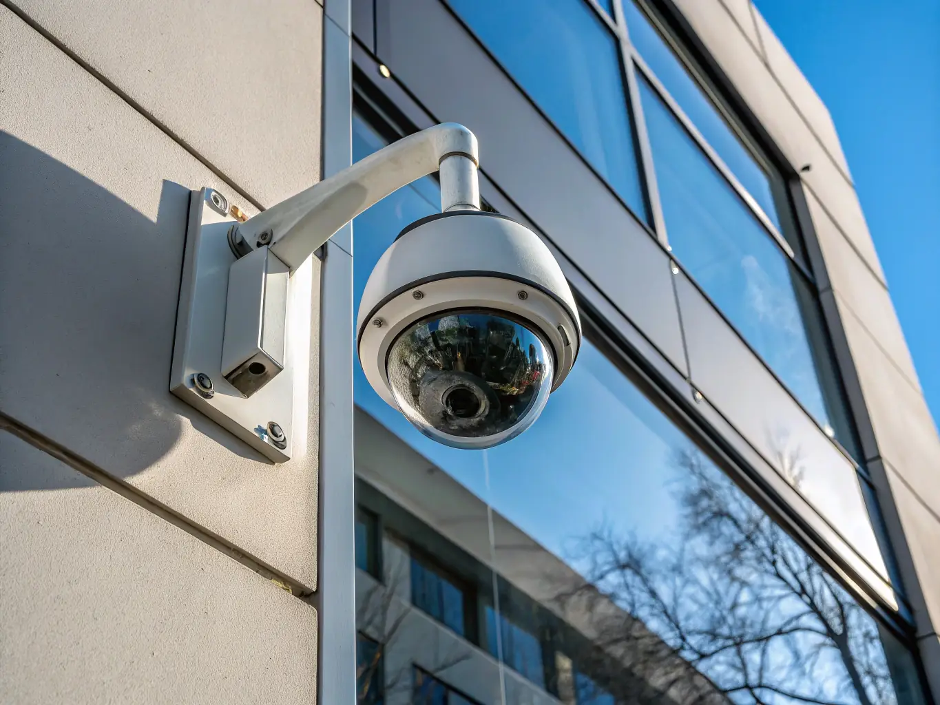 A high-tech security camera monitoring a commercial property with advanced surveillance features.