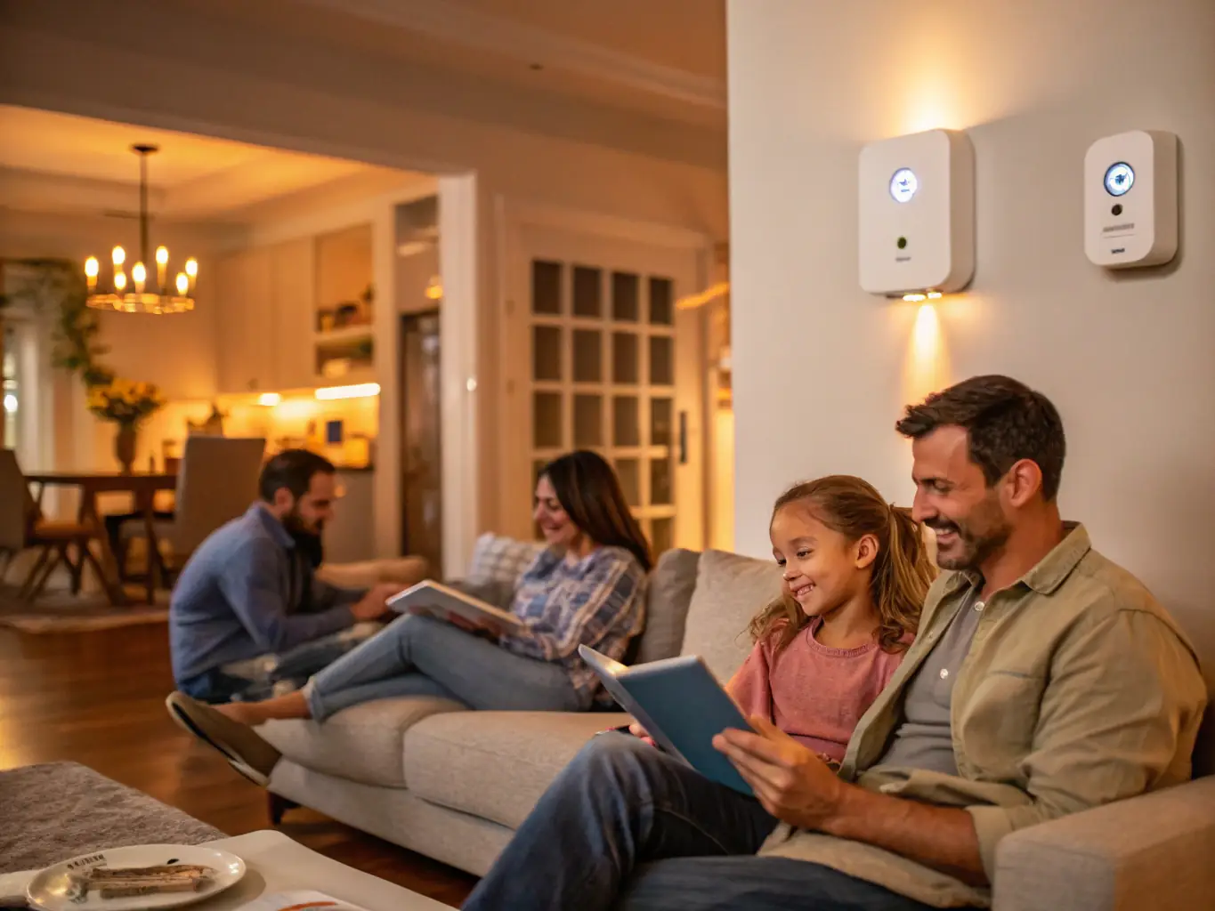 A family relaxing comfortably in their living room, with a subtle security system control panel visible in the background, symbolizing peace of mind and security.