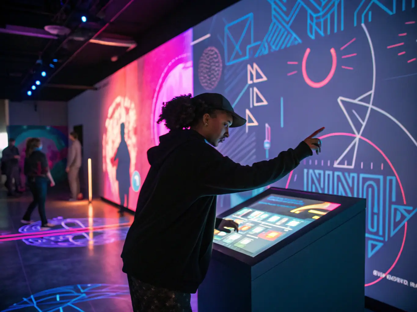 An interactive screen displaying a dynamic presentation with touch gestures being used to navigate through the slides, highlighting its interactive capabilities and user-friendly interface.