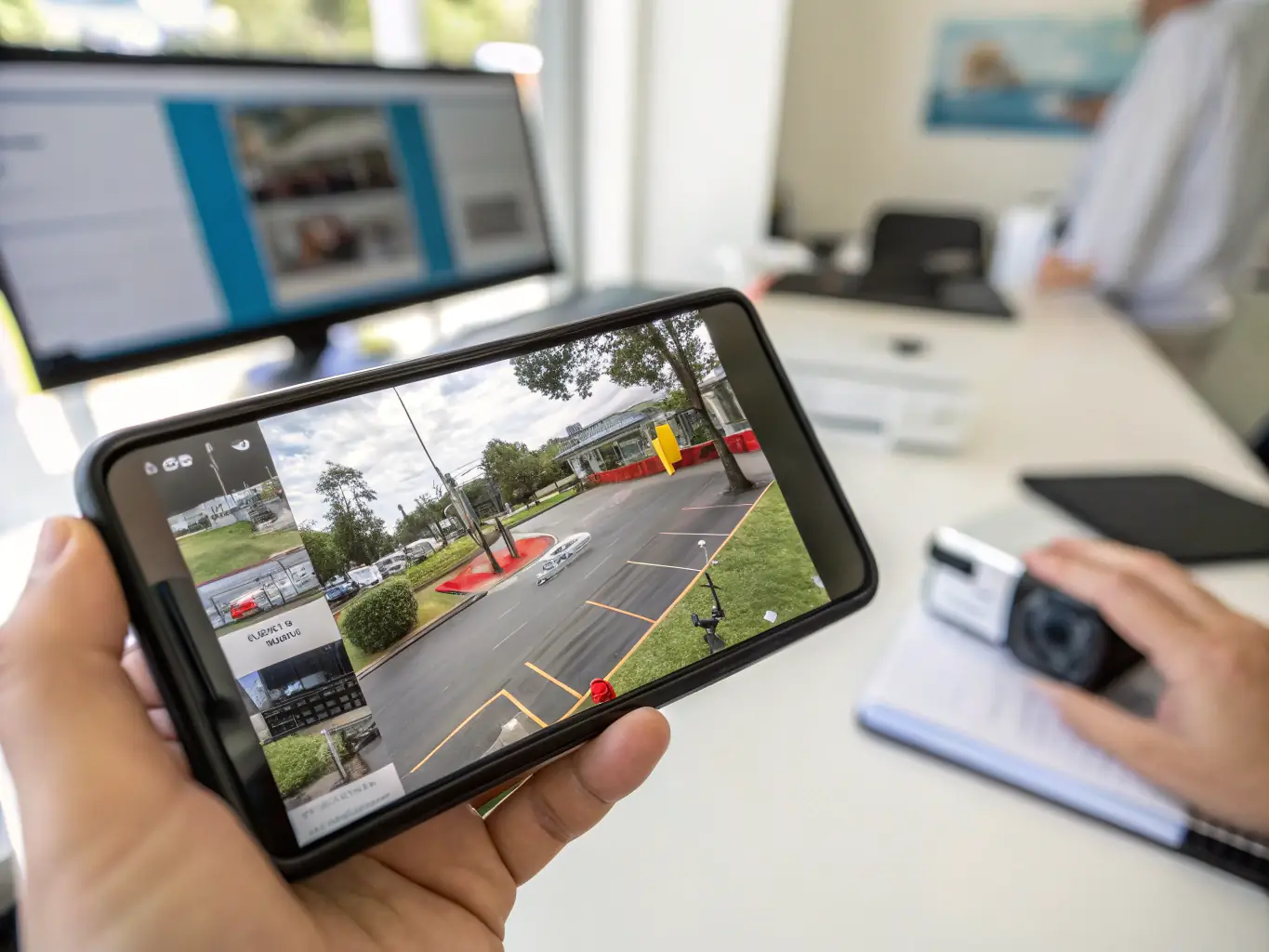 A smartphone displaying a live video feed from a security camera, with a user interface showing options for remote control and monitoring.