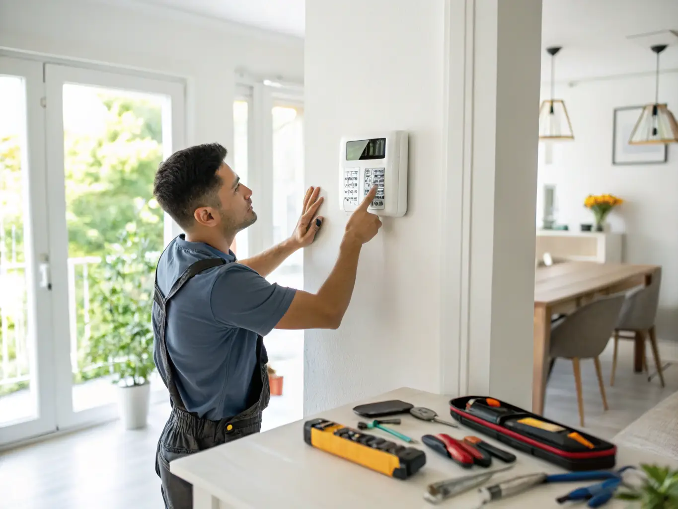 An image of a modern burglar alarm system keypad, showing its user-friendly interface and highlighting its integration with a home automation system, set in a contemporary living room.