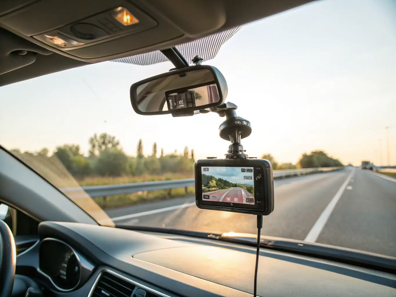 A high-resolution dashcam mounted on a car's windshield, recording the road ahead with clear visibility, capturing details of traffic and surroundings.