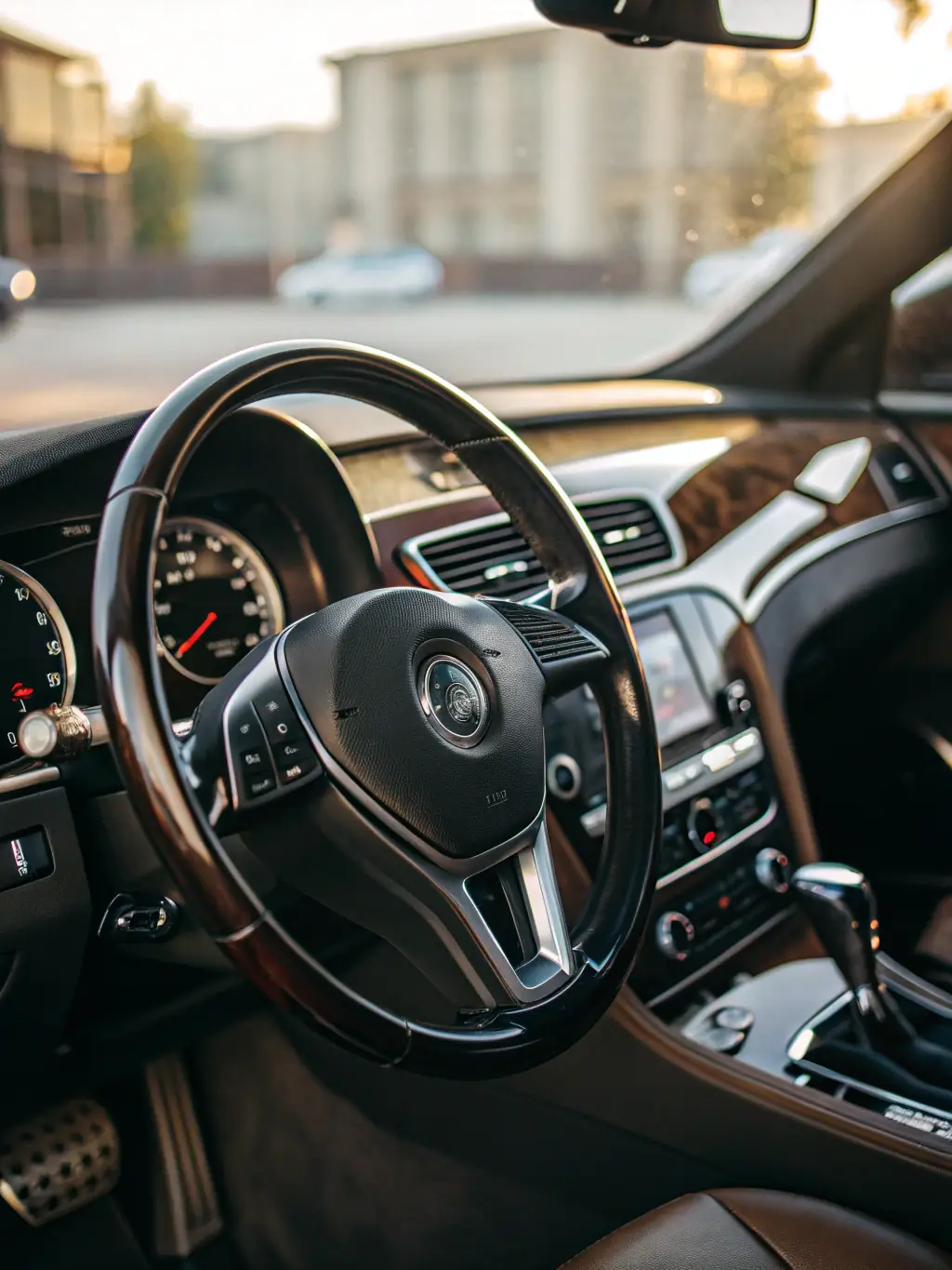 A close-up shot of a parking sensor display on a car's dashboard, showing the proximity of an obstacle while the car is in reverse.