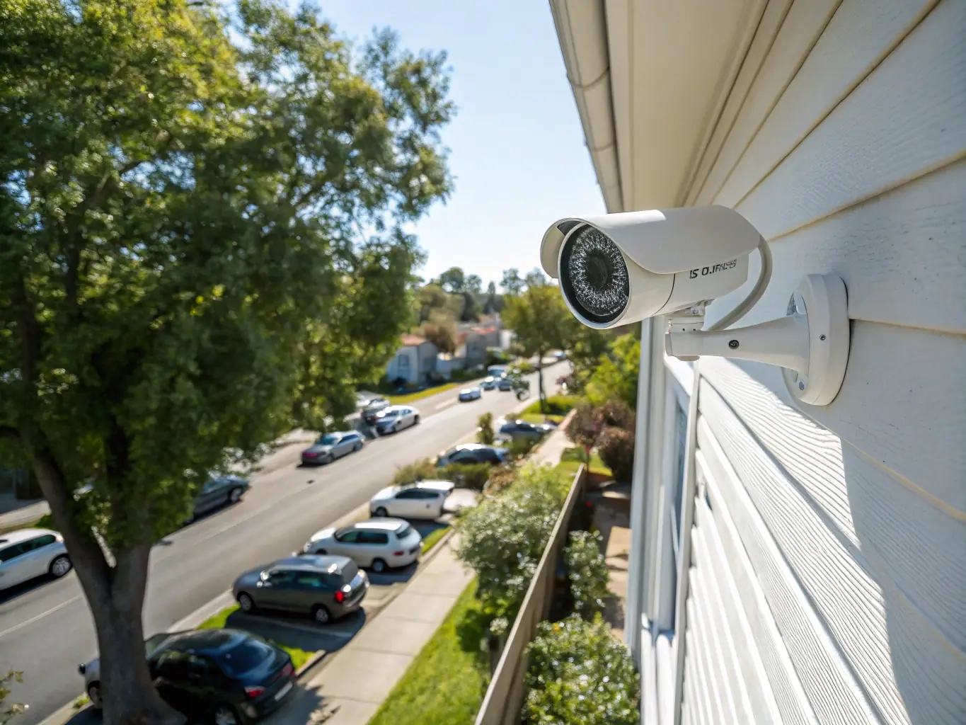 A high-definition security camera mounted on the exterior wall of a modern home, capturing a wide view of the property and surrounding area, under a clear blue sky.