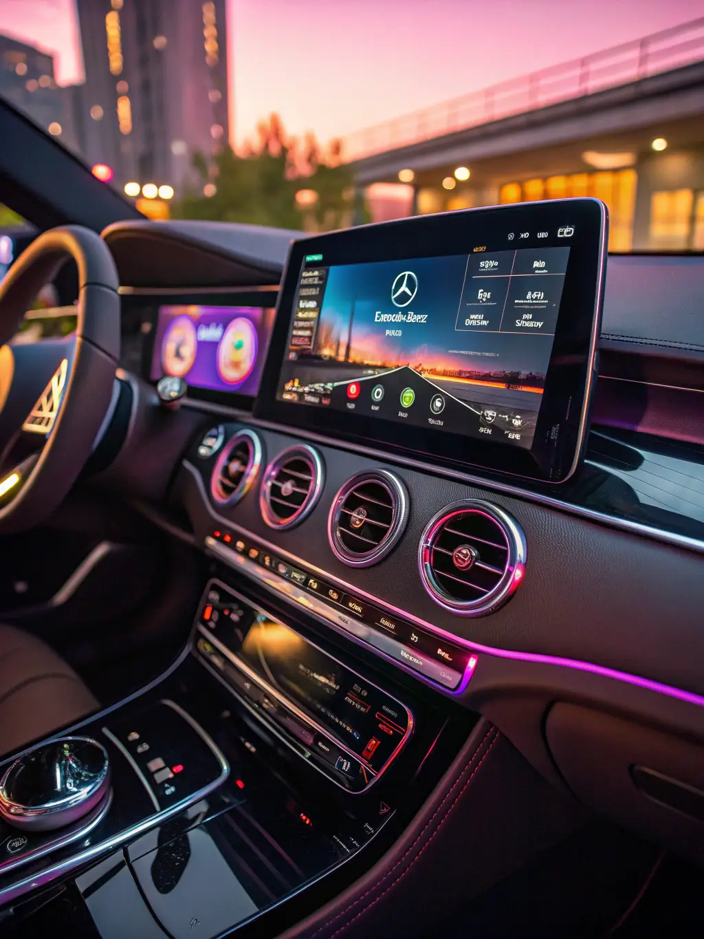 A sleek, modern car interior featuring a smart radio with a touchscreen display, showcasing various audio and connectivity options.