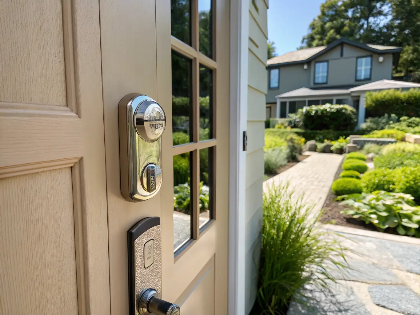 A high-resolution image showcasing a modern smart lock installed on a front door, emphasizing its sleek design and advanced security features, set in a well-lit, inviting home environment.