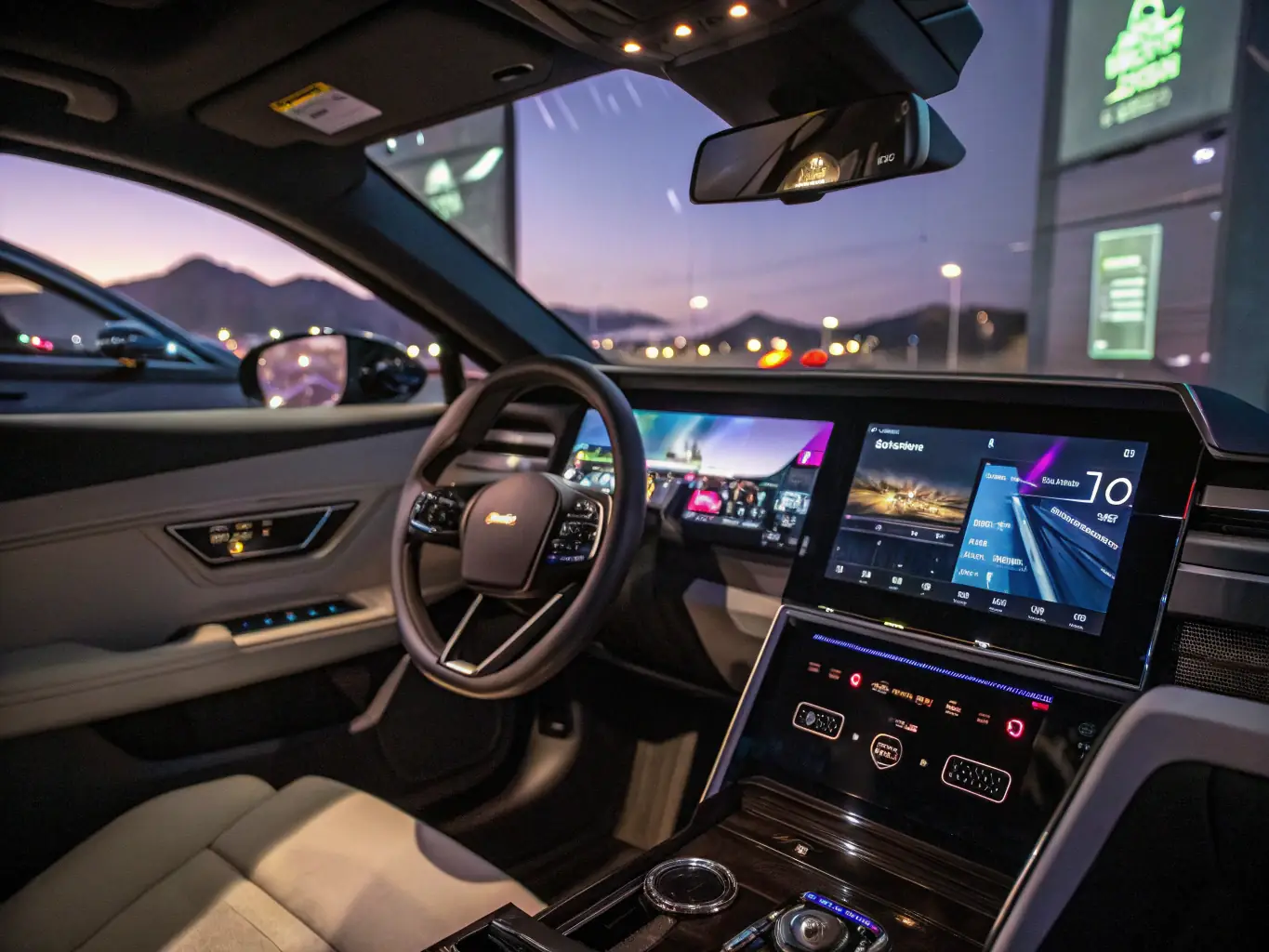 A modern car dashboard featuring a smart radio with a touchscreen display, showcasing navigation, music streaming, and smartphone integration.