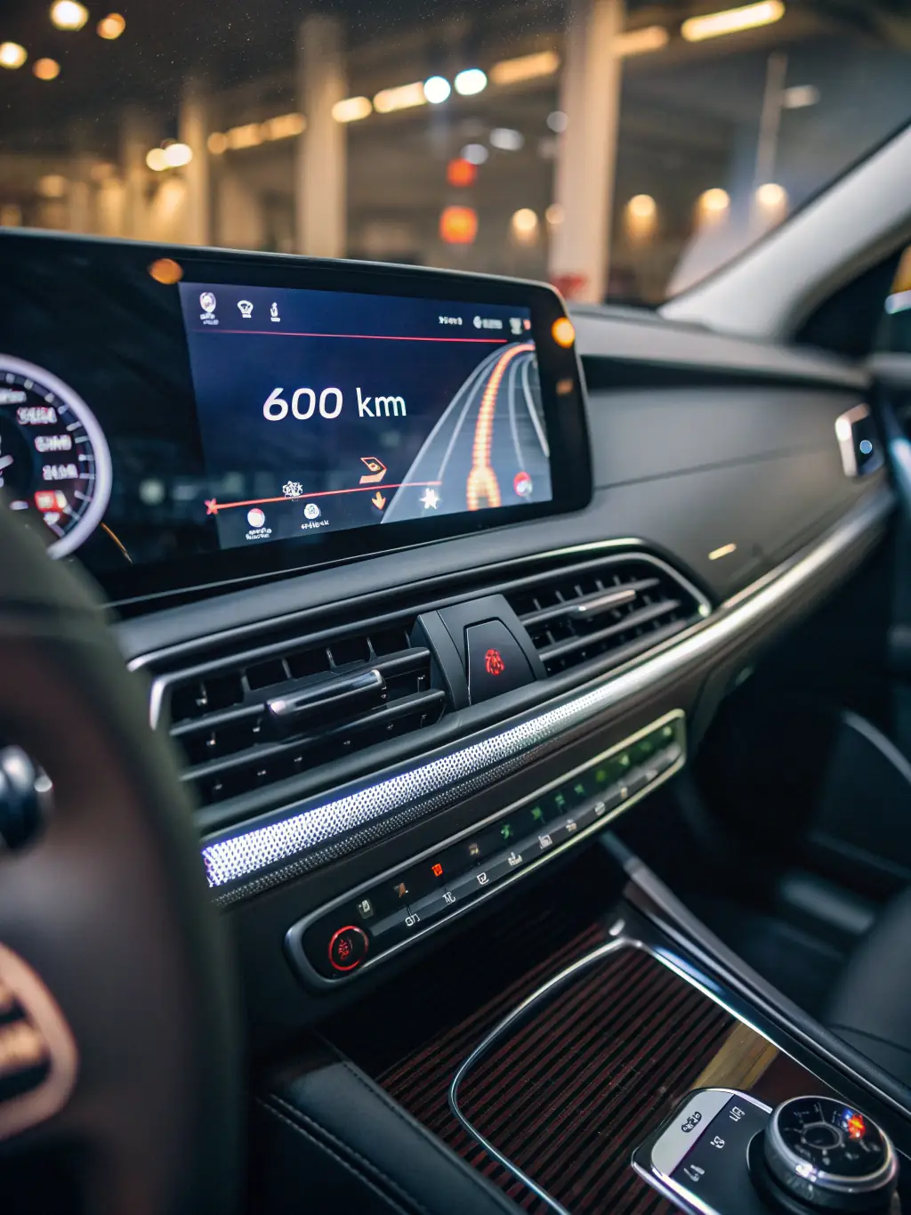 A high-resolution image of a car's dashboard featuring a modern infotainment system displaying navigation and vehicle diagnostics, with the road visible through the windshield in bright daylight.